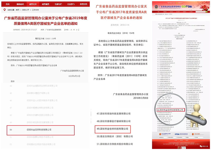 年度质量信用A类医疗器械生产企业名单公示，金悠然科技连续4年入榜